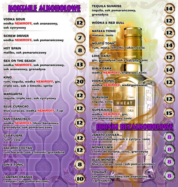 Karta drinków restauracji Aruba.