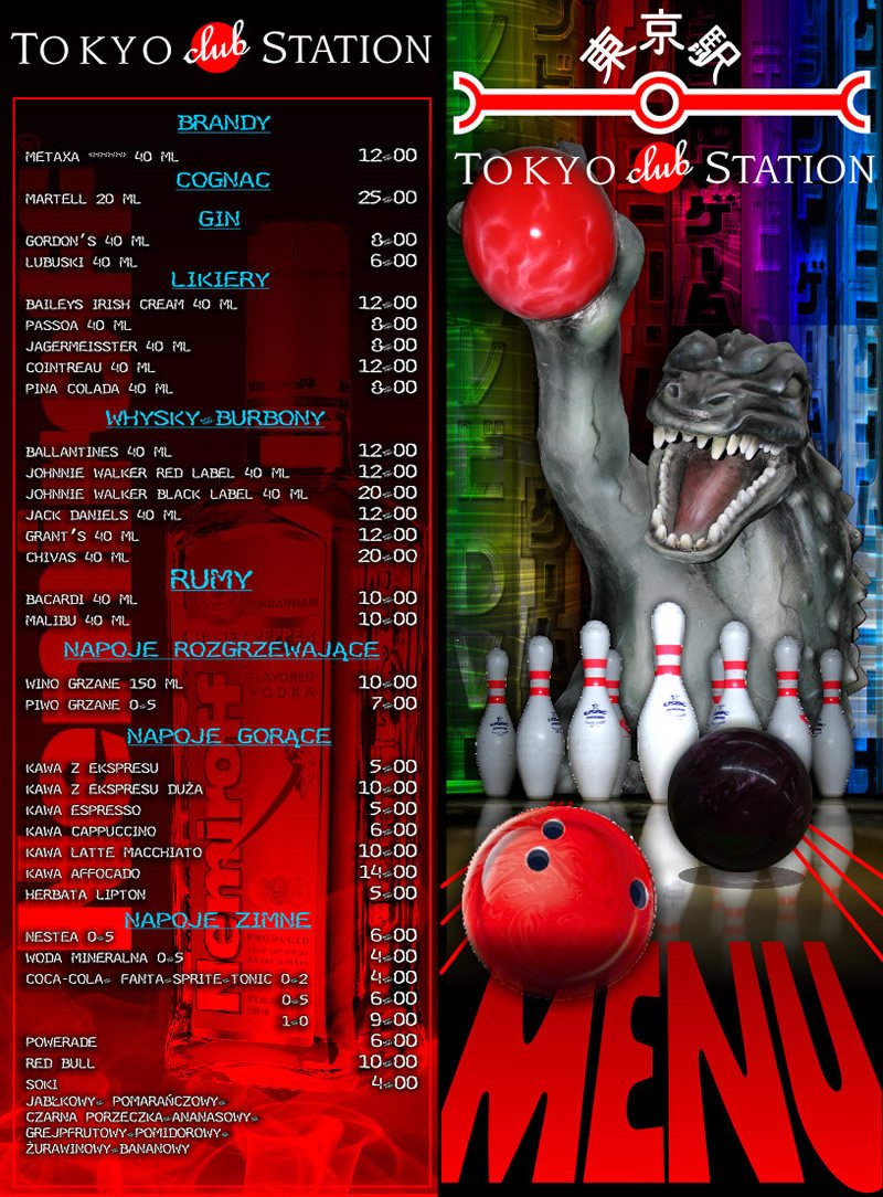 Projekt karty menu klubu "Tokyo Station". Projekt "Biba visual communication". Gdynia - Trójmiasto - Pomorskie.