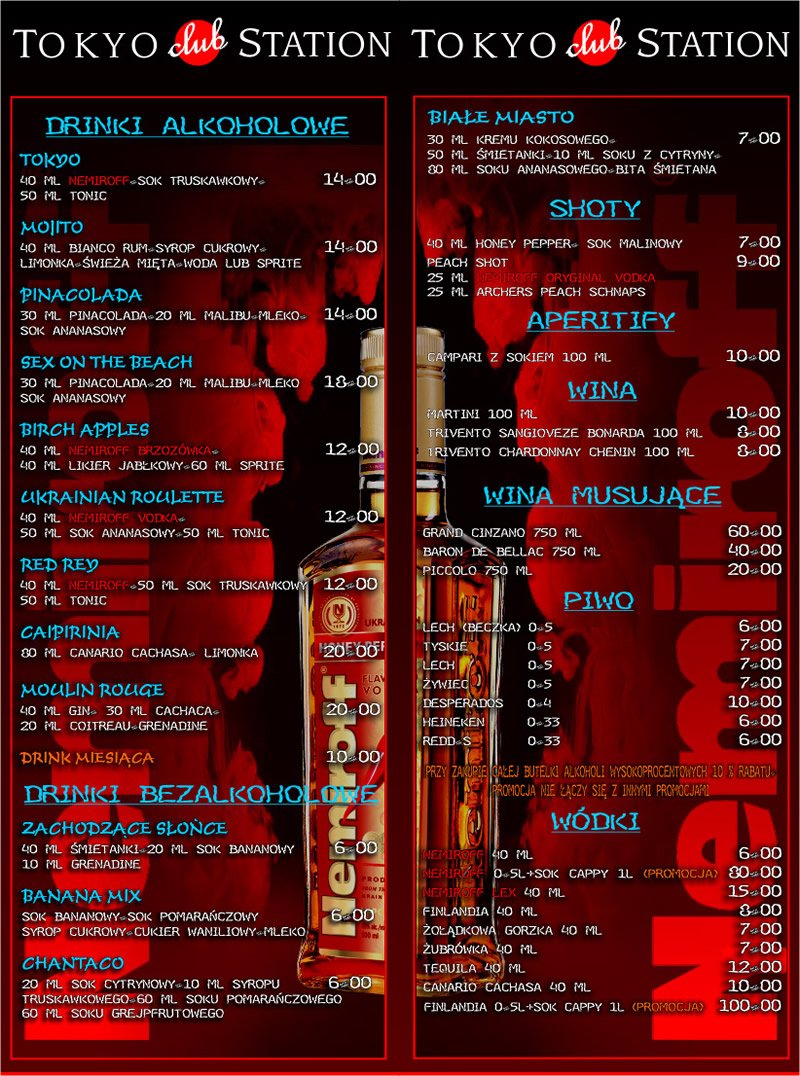 Karta menu klubu "Tokyo Station". Projekt "Biba visual communication". Gdynia - Trójmiasto - Pomorskie.