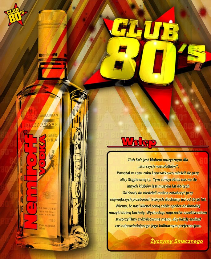 Projekt karty drinków klubu muzycznego "Club'80". Projekt "Biba visual communication". Gdynia - Trójmiasto - Pomorskie.