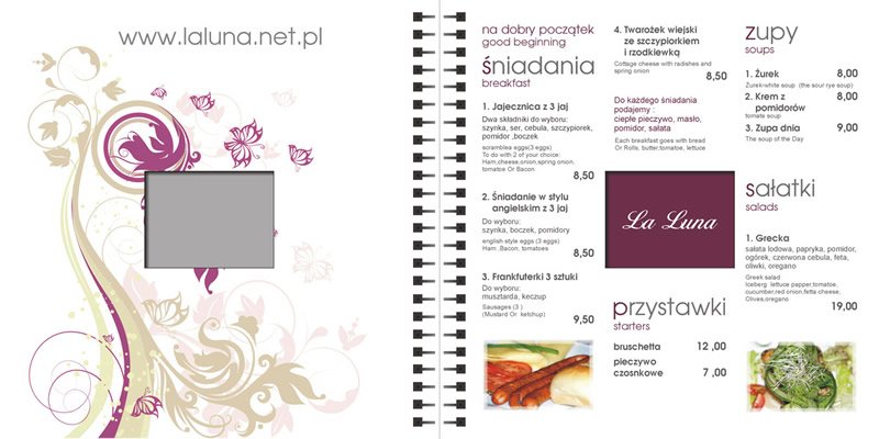 Karta menu restauracji "La Luna" Gdynia.