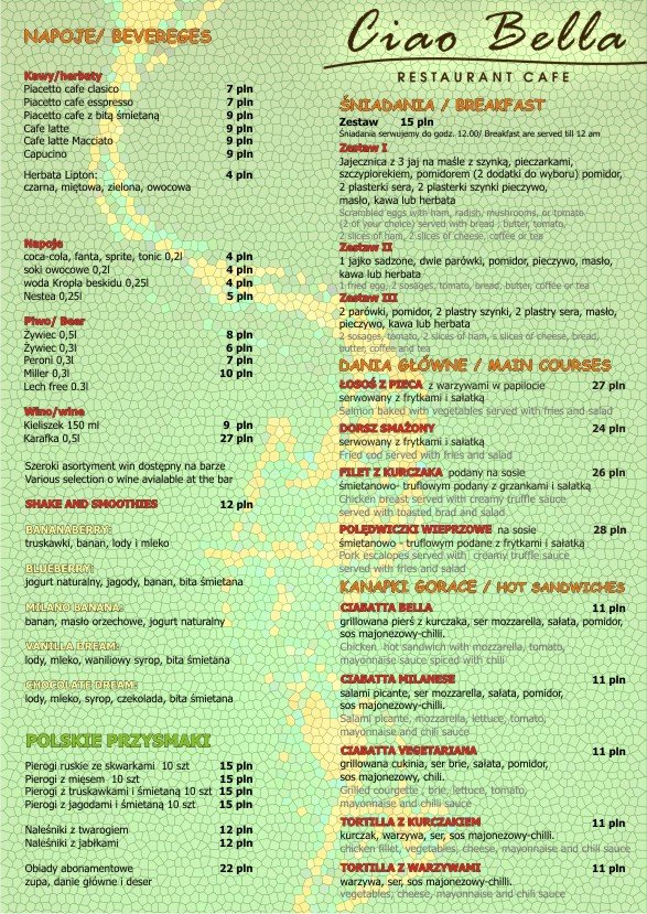 Projekt karty menu restauracji "Ciao Bella". Projekt "Biba visual communication". Gdynia - Trójmiasto - Pomorskie.