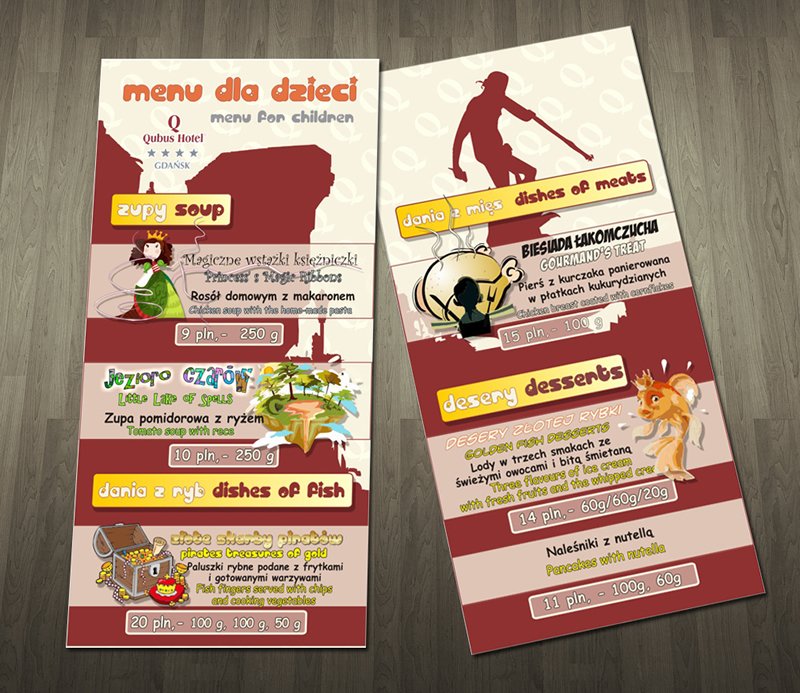 Projekt karty menu restauracji "QUBUS HOTEL". Projekt "Biba visual communication". Gdynia - Trójmiasto - Pomorskie.
