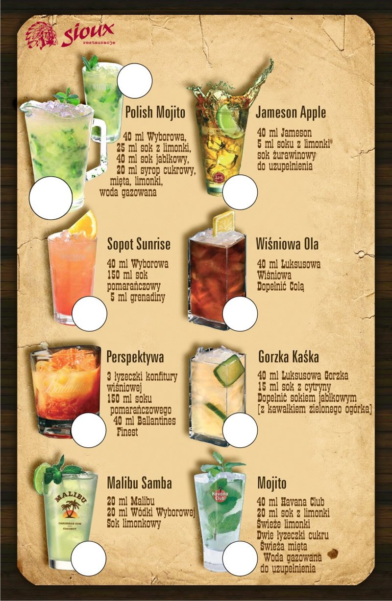 Projekt karty menu restauracji "SIOUX". Projekt "Biba visual communication". Gdynia - Trójmiasto - Pomorskie.