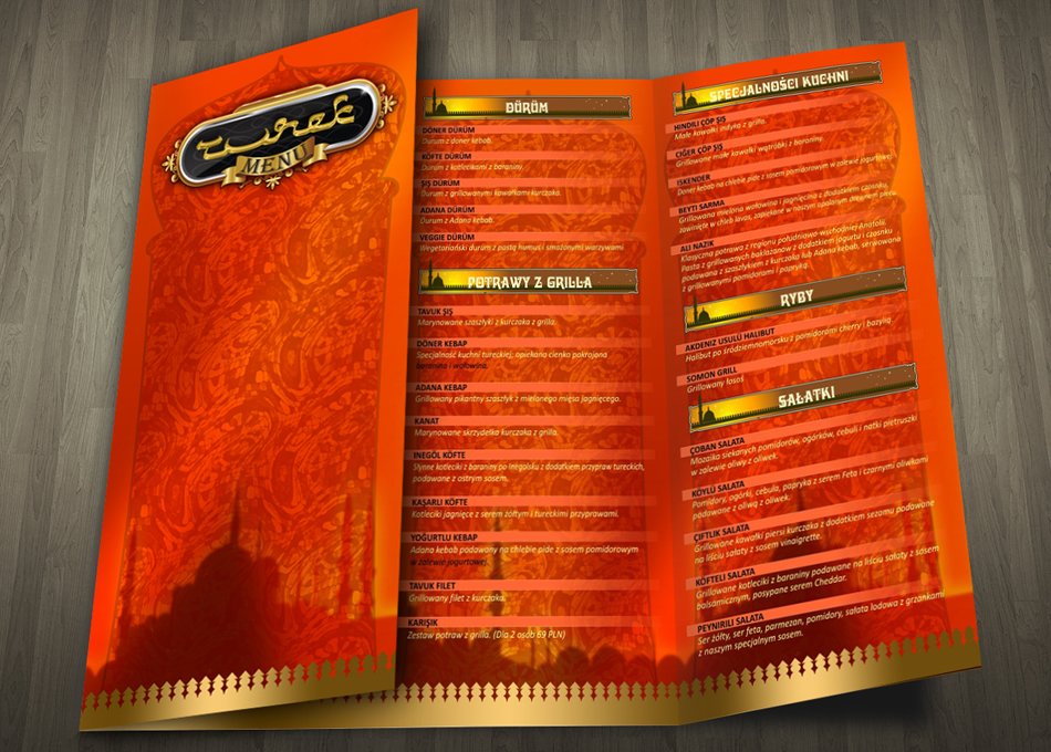 Karta menu restauracji "Turek". Projektowanie kart menu "BVC" Gdynia. Trójmiasto.