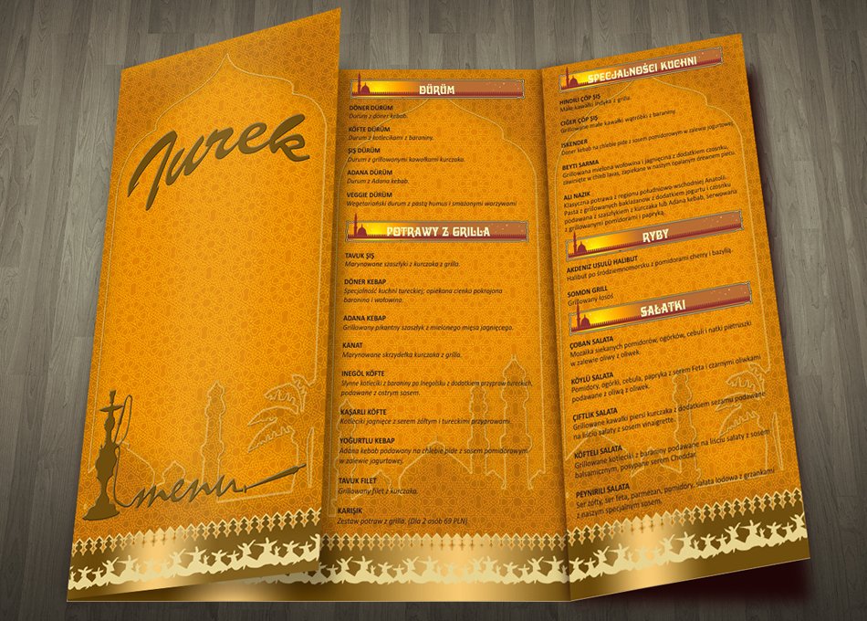 Karta menu restauracji "Turek". Projekt "BVC" Gdynia Trójmiasto.